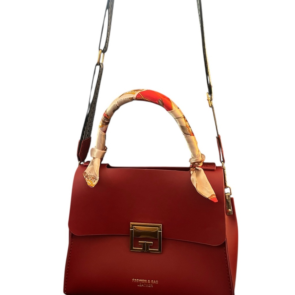 Elegant Red Handbag with Scarf Detail